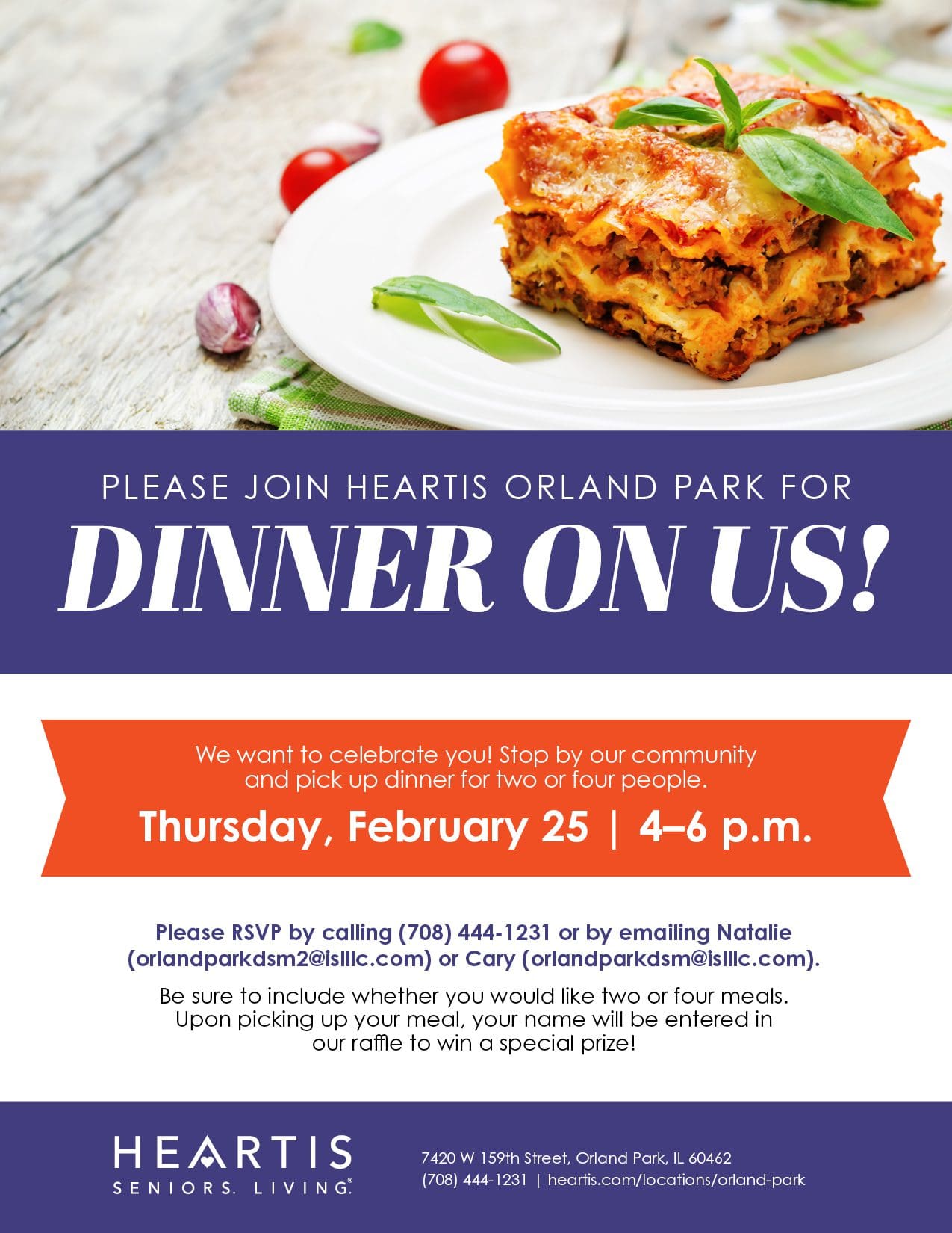 Heartis Orland Park free dinner event flyer