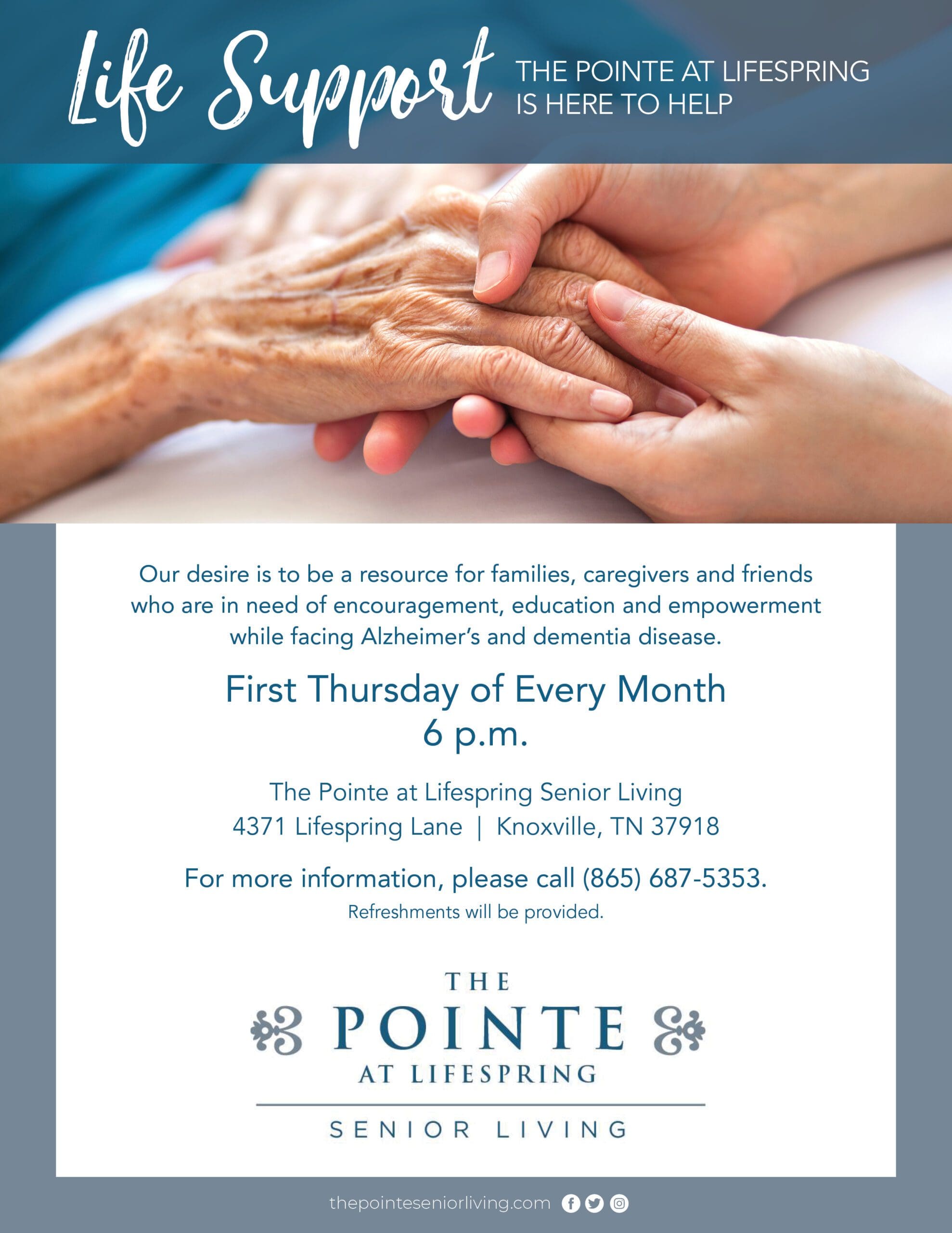 The Pointe at Lifespring memory care support group event flyer