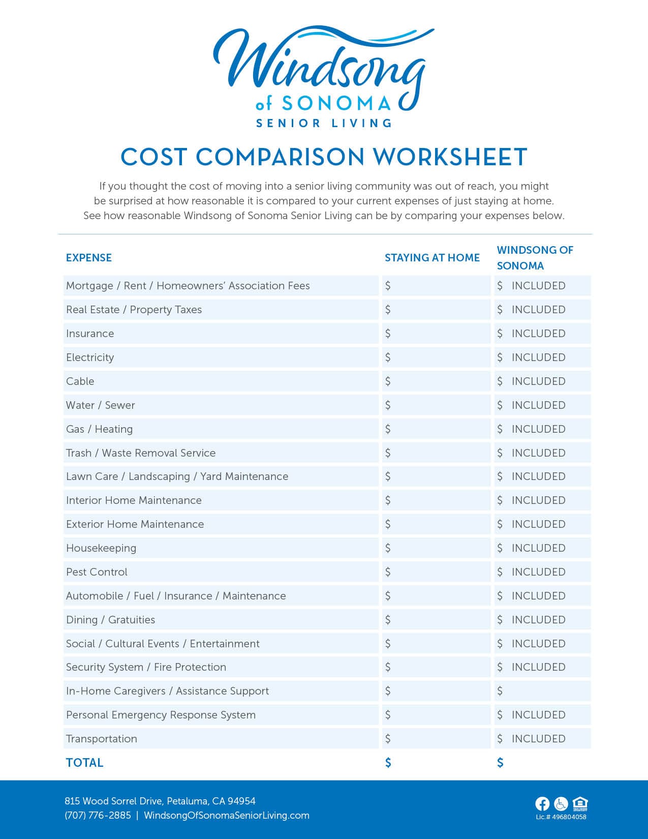 Windsong of Sonoma cost comparison worksheet