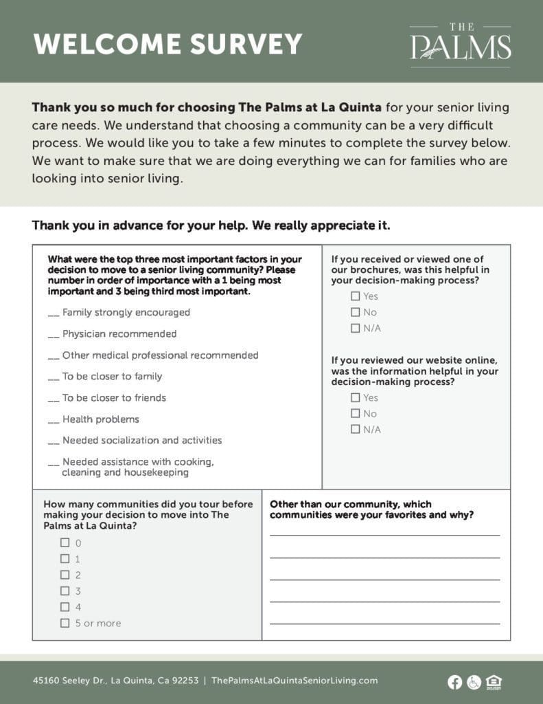The Palms at La Quinta welcome survey