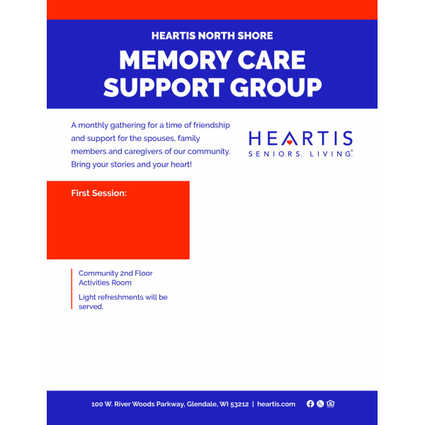 Heartis North Shore memory care support group event flyer